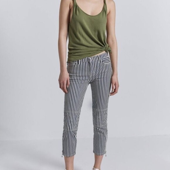 NWT Current | Elliott blue, warm white stripe skinny cropped stitch accent jeans - Picture 6 of 16